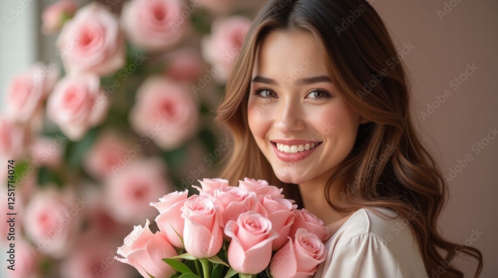 Smiling woman holding a bouquet of roses Smiling woman holding a bouquet of roses
