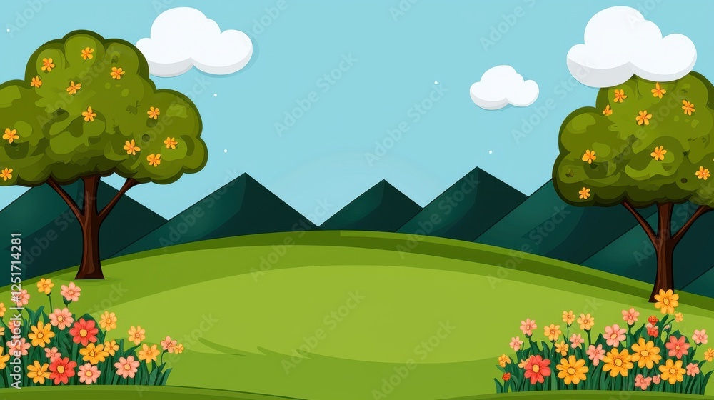 Fototapeta premium Vibrant spring landscape rolling hills graphic illustration lush greenery bright flowers serene environment cartoon style for nature lovers