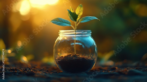 Growing Green Plant in Glass Jar Captured in Warm Sunset Light