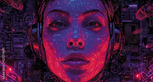 A highly detailed digital illustration of a young woman with a cybernetic face, surrounded by a vibrant, cyberpunk aesthetic. 
