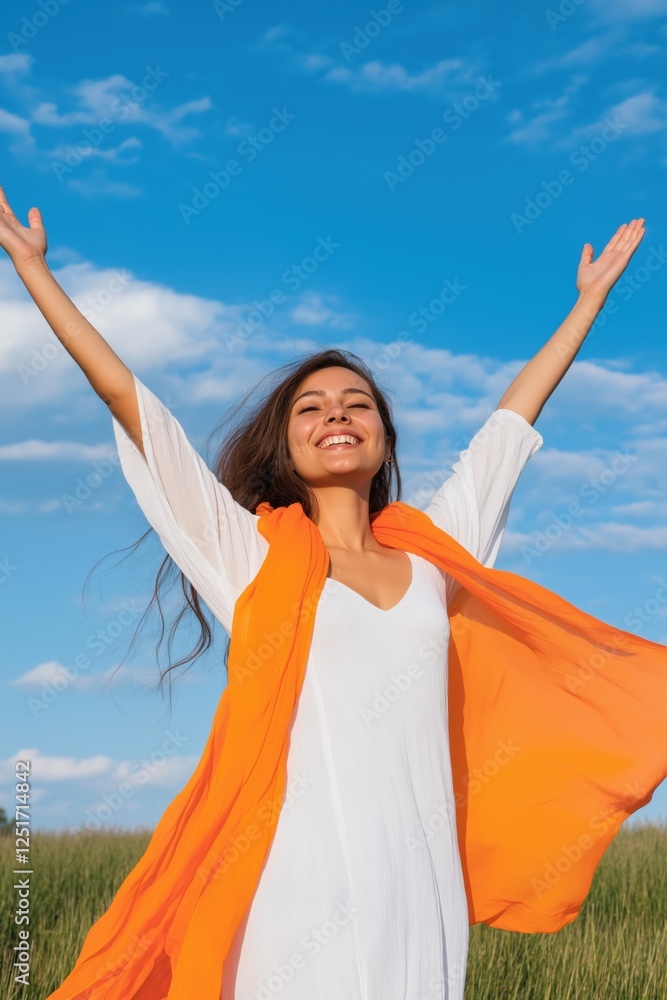 A woman is standing in a field with her arms raised in the air, wearing a white dress and an orange scarf. She is smiling and she is happy A woman is standing in a field with her arms raised in the air, wearing a white dress and an orange scarf. She is smiling and she is happy