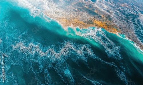 Fototapeta Naklejka Na Ścianę i Meble -  Aerial view of turquoise ocean waves crashing on sandy shore, coastal city background, travel imagery