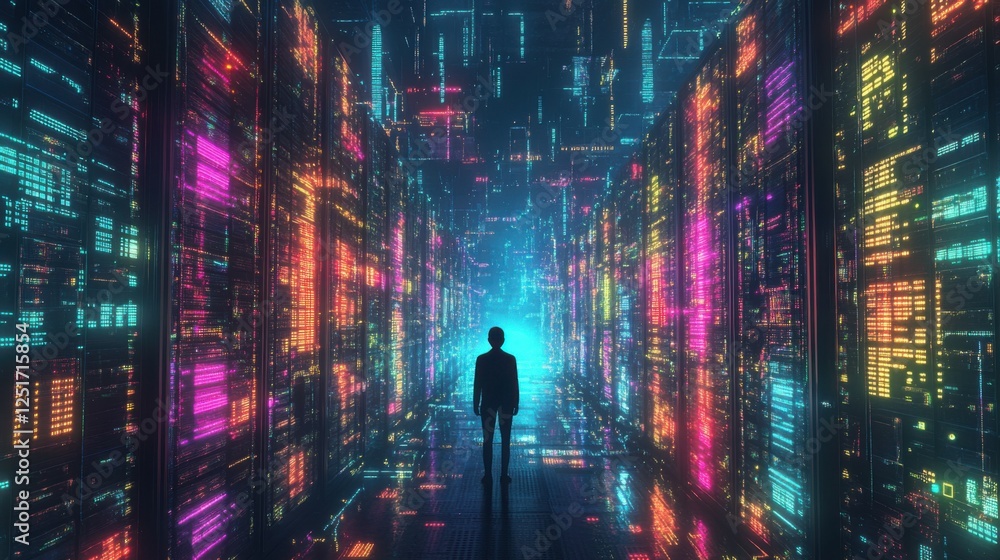 The image portrays a faceless person amid a data center filled with vibrant lights, representing anonymity in the digital age The image portrays a faceless person amid a data center filled with vibrant lights, representing anonymity in the digital age