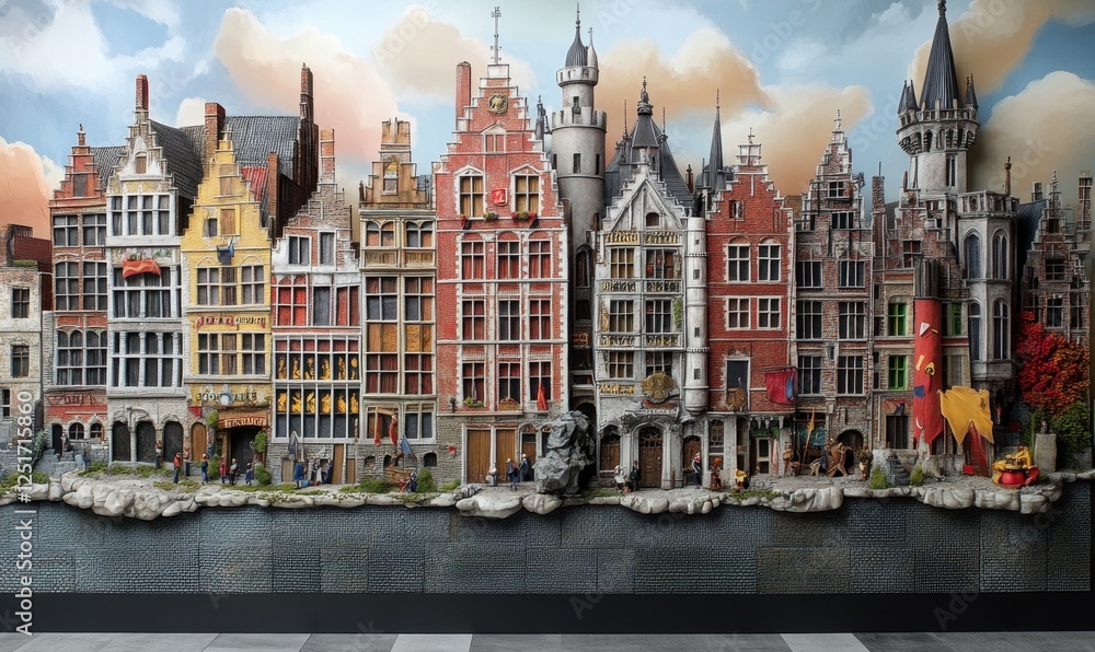 Obraz premium Belgian city model, canal, detailed architecture, tourism, travel display