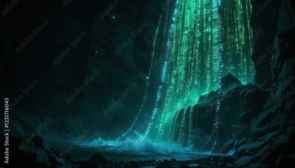 Fototapeta premium Cave Waterfall of Light; Data Cascade; Digital Flow
