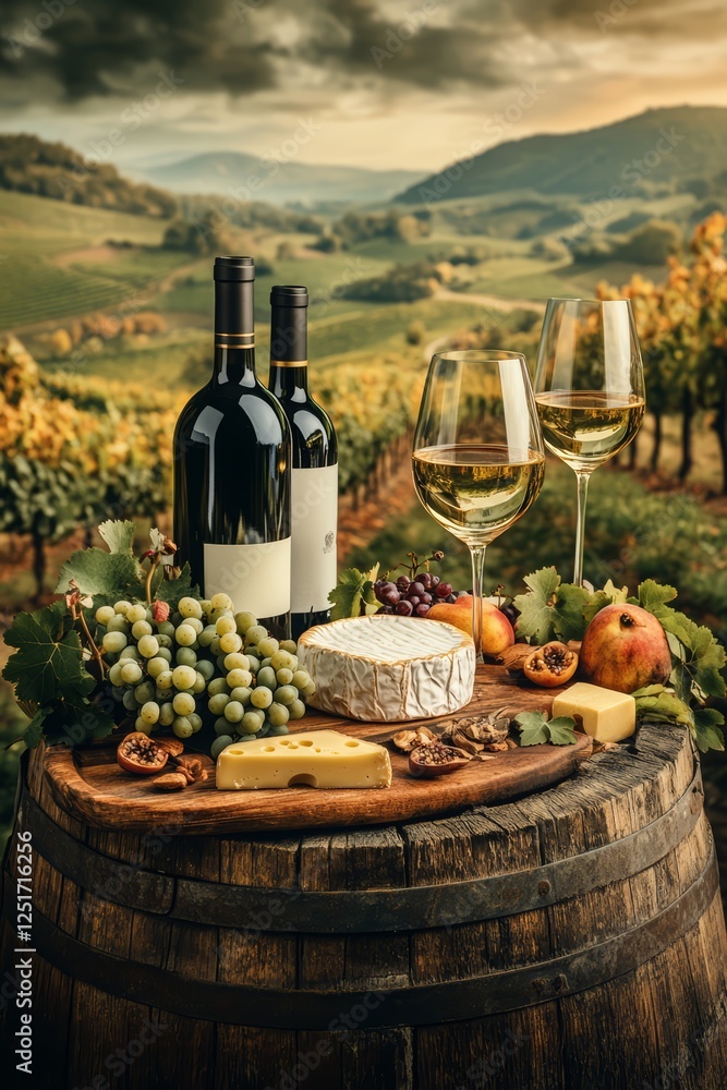 Fototapeta premium Bottle of wine, glass and grapes on a vineyard background