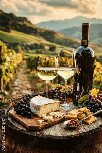 Bottle of wine, glass and grapes on a vineyard background