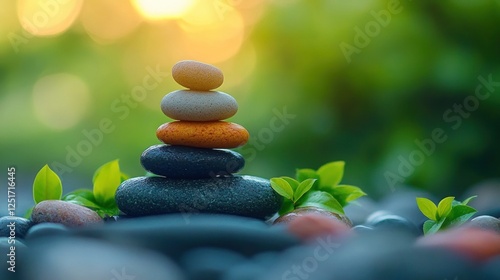 Harmony of Colorful Pebbles Stacked in Nature for Balance and Meditation photo