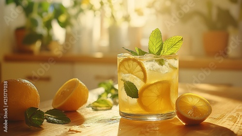 Refreshing lemonade in sunlight, kitchen setting. Possible use stock photo for beverages, food, and lifestyle photo