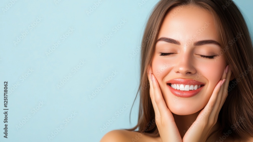 Joyful woman expressing happiness with closed eyes and a bright smile against a light blue background Joyful woman expressing happiness with closed eyes and a bright smile against a light blue background