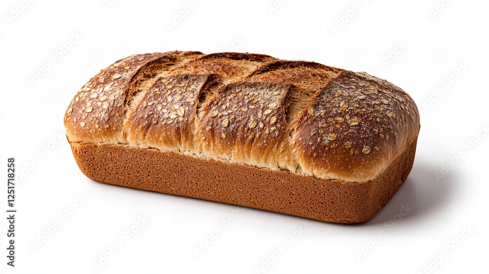 A loaf of whole wheat bread with oats on top, sitting on a white surface. The bread has a dark crust and a rectangular shape. A loaf of whole wheat bread with oats on top, sitting on a white surface. The bread has a dark crust and a rectangular shape.