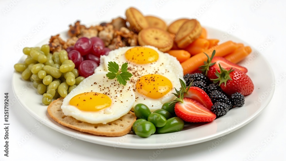 Delicious and Nutritious Breakfast Plate with Fried Eggs, Fruits, and Vegetables Delicious and Nutritious Breakfast Plate with Fried Eggs, Fruits, and Vegetables
