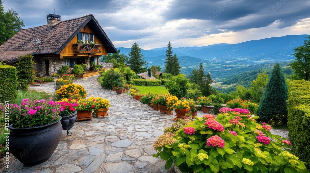 Fototapeta premium Charming Stone Cottage Surrounded by Vibrant Flower Gardens and Scenic Mountain Landscape at Sunset
