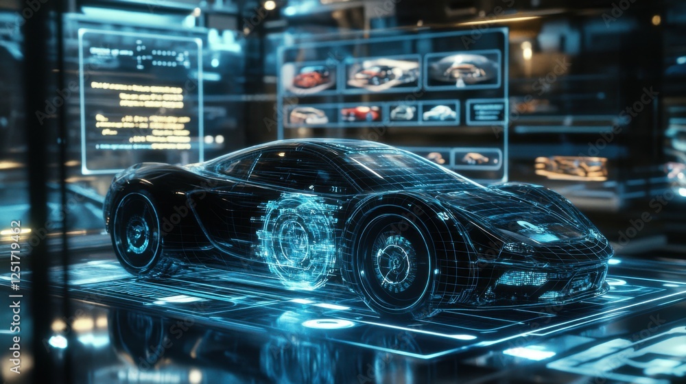 A holographic interface showcases a detailed car model in a high-tech environment, highlighting sophistication in vehicle design and technology. A holographic interface showcases a detailed car model in a high-tech environment, highlighting sophistication in vehicle design and technology.