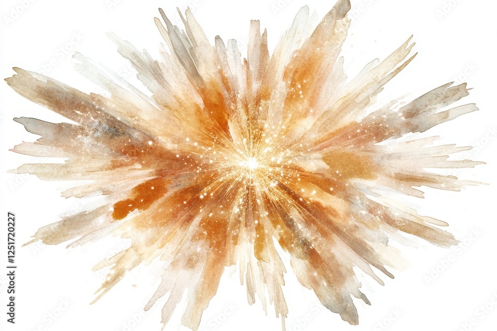 Obraz premium Celestial watercolor burst with golden hues and twinkling stars, creating vibrant explosion of color and light