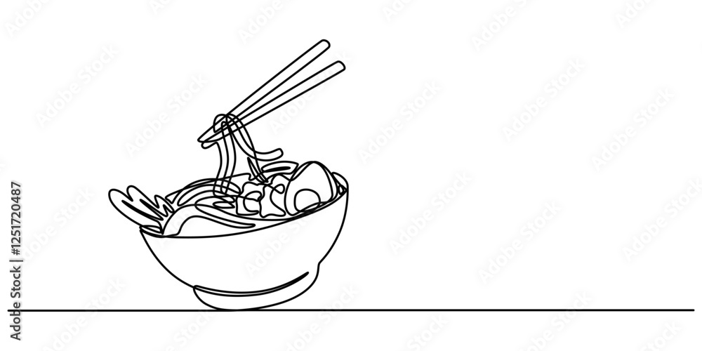 Continuous one line drawing of asian noodle in the bowl. Ramen line art drawing vector illustration, One line illustration of ramen bowl, Spaghetti Line Icon, Chinese food take out box with noodles. Continuous one line drawing of asian noodle in the bowl. Ramen line art drawing vector illustration, One line illustration of ramen bowl, Spaghetti Line Icon, Chinese food take out box with noodles.