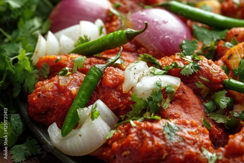 This image showcases a vibrant and flavorful dish of curried chicken, garnished with onions, peppers, and herbs. The dish is served in a cast iron pan with a matching lid, enhancing the rustic appeal photo