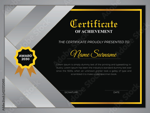 Elegant black, grey and gold color certificate design template