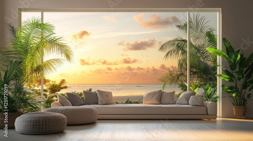 Cozy Living Room with Modern Sofa and Lush Greenery Overlooking Ocean Sunset Viewpoint Featuring Natural Light and Warm Atmosphere with Scenic photo