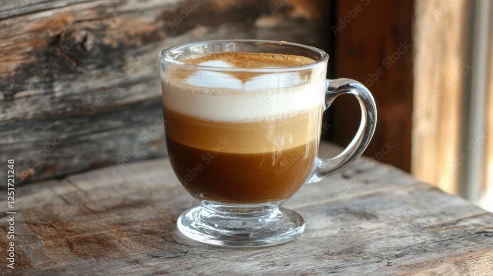 A rich macchiato with a smooth layer of milk foam and espresso, served in a clear glass cup, placed on a rustic wooden surface A rich macchiato with a smooth layer of milk foam and espresso, served in a clear glass cup, placed on a rustic wooden surface