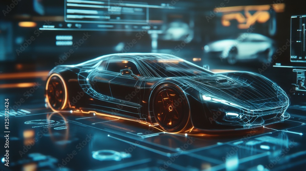 A holographic interface showcases a detailed car model in a high-tech environment, highlighting sophistication in vehicle design and technology. A holographic interface showcases a detailed car model in a high-tech environment, highlighting sophistication in vehicle design and technology.
