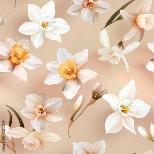 Elegant daffodil floral pattern featuring soft pastels, ideal for sophisticated spring-themed designs and backgrounds