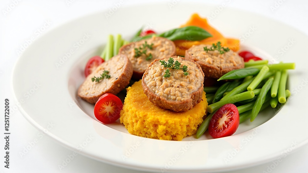 Gourmet Meatloaf Slices with Mashed Sweet Potato, Green Beans, and Cherry Tomatoes Gourmet Meatloaf Slices with Mashed Sweet Potato, Green Beans, and Cherry Tomatoes