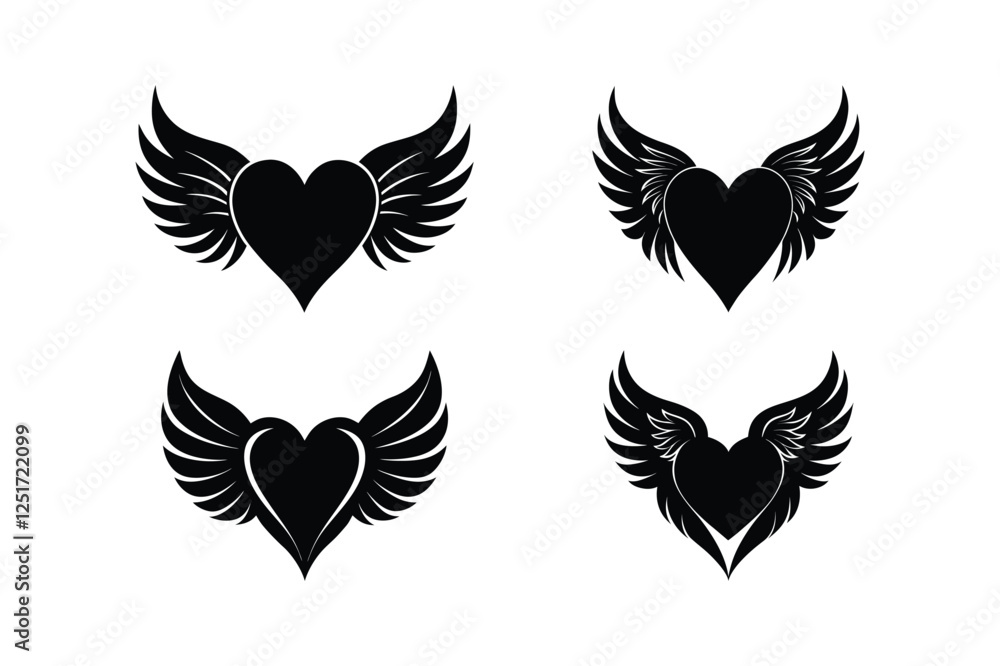 set of wings, silhouette vector, on white background set of wings, silhouette vector, on white background