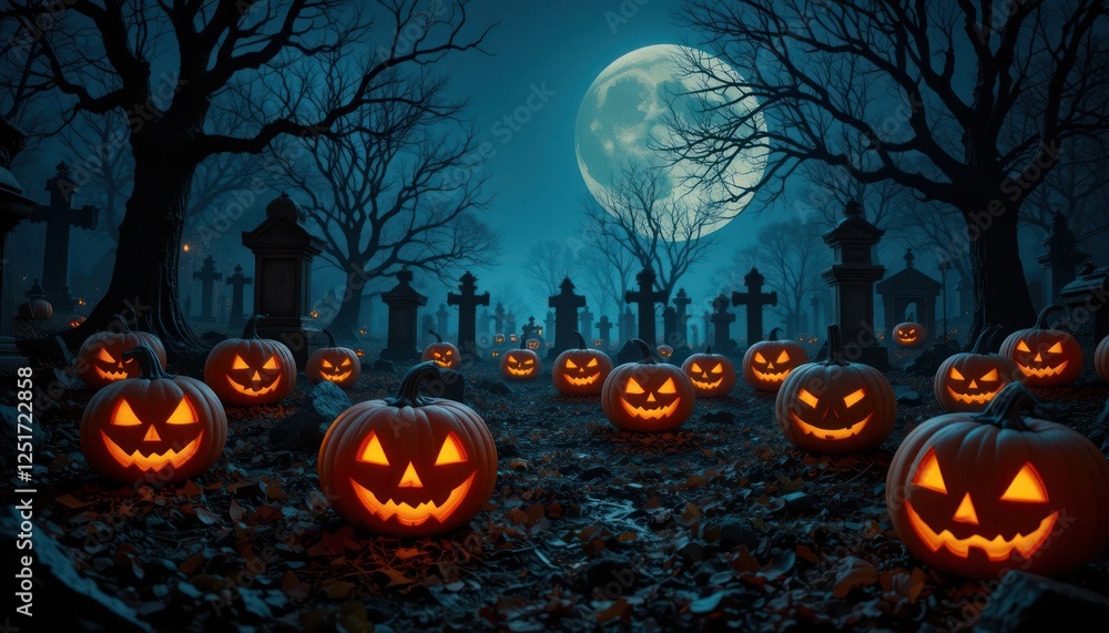 Jack-o'-lanterns glow in spooky graveyard under moonlit night Jack-o'-lanterns glow in spooky graveyard under moonlit night