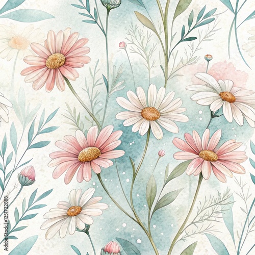 Delicate watercolor daisies and foliage against a light blue background.