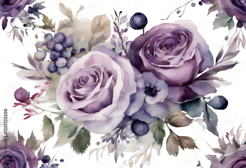 vintage bouquet berries rose roses floral aquarelle arrangement painted hand dusty watercolor transparent leaves design frame branches stationery hand-painted background abstract text purple wedding