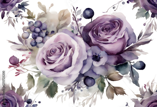 Obraz na płótnie vintage bouquet berries rose roses floral aquarelle arrangement painted hand dusty watercolor transparent leaves design frame branches stationery hand-painted background abstract text purple wedding w salonie