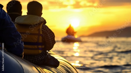 Boy and father watching sunset on inflatable boat photo