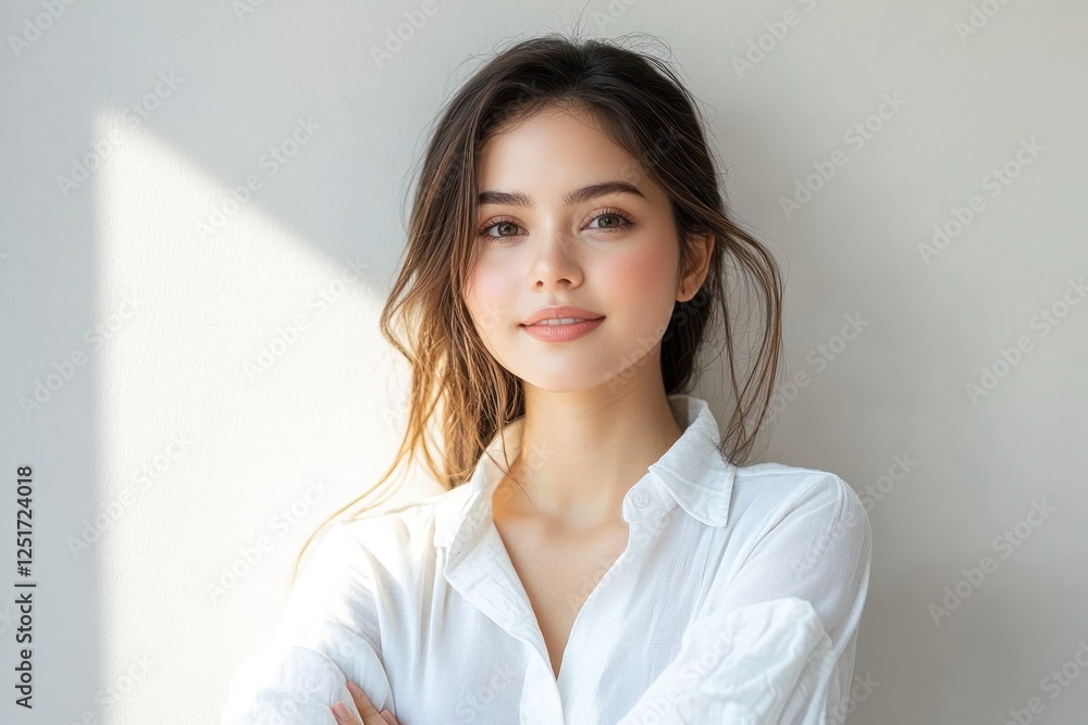 Calm introspective woman in white shirt, medium close-up portrait, beautiful natural light, relaxed pose, smiling, confident expression Calm introspective woman in white shirt, medium close-up portrait, beautiful natural light, relaxed pose, smiling, confident expression