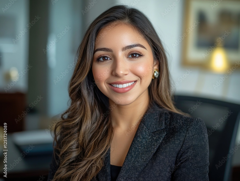 The image features a woman in a professional office setting. She is dressed in business attire, consisting of a blazer and trousers with a glittery top. Her smile radiates confidence, suggesting she The image features a woman in a professional office setting. She is dressed in business attire, consisting of a blazer and trousers with a glittery top. Her smile radiates confidence, suggesting she