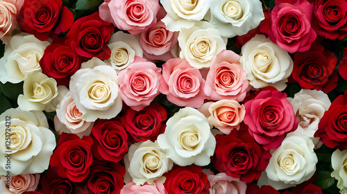 un diseño floral de un patron de flores estilo rosa en colores fuertes y vivos como rojo rosa y blanco para tarjeta de celebracion romantica