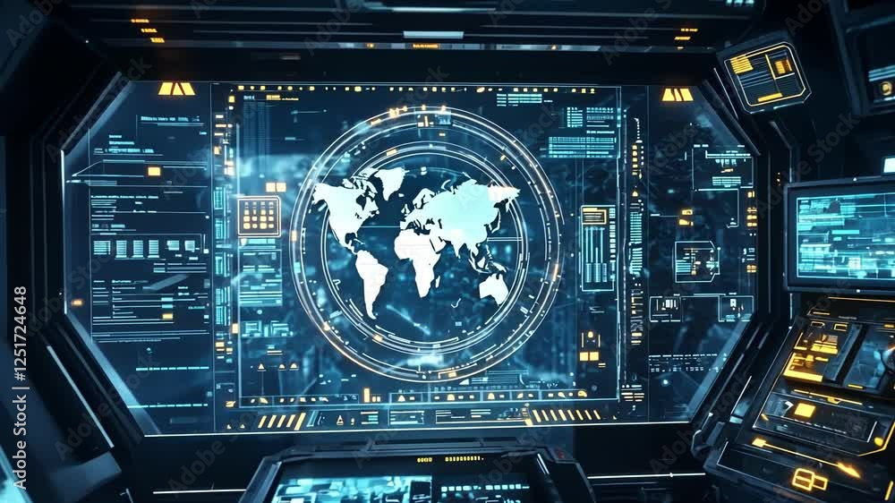 Complex control panel featuring holographic planet earth and various data streams on multiple digital displays in a futuristic spaceship cockpit environment