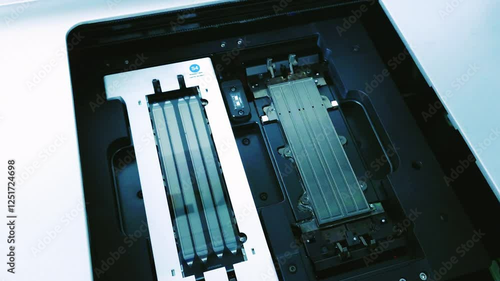 DNA sequencer. Gloved hand is handling flow cell with multiple lanes ...