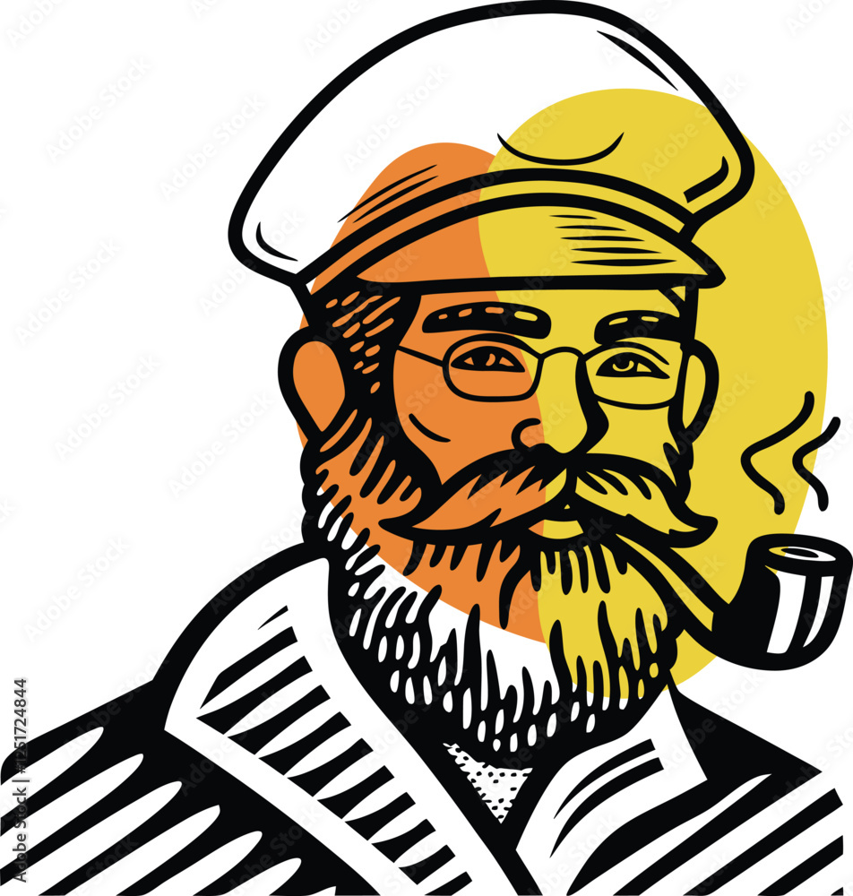 Sea captain old sailor with pipe vector illustration of a man vector, symbolizing art sketch engraving ink poster black illustration Sea captain old sailor with pipe vector illustration of a man vector, symbolizing art sketch engraving ink poster black illustration
