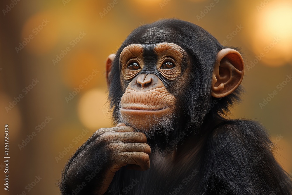 Curious young chimpanzee thoughtfully reflects in a natural setting during golden hour at a wildlife reserve Curious young chimpanzee thoughtfully reflects in a natural setting during golden hour at a wildlife reserve