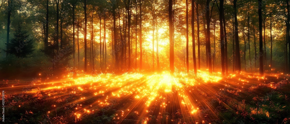 Sparkling Light Trails in a Vibrant Forest at Sunset with Glowing Rays and Warm Colours Sparkling Light Trails in a Vibrant Forest at Sunset with Glowing Rays and Warm Colours
