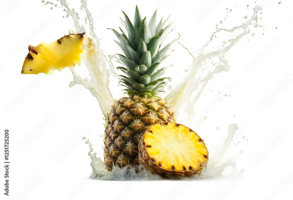 fruit splash bright healthy splashing pineapple concept juice food tropical ad cut liquid isolated slices diet smoothie tasty studio background beverage white fresh drink ripe design wave label
