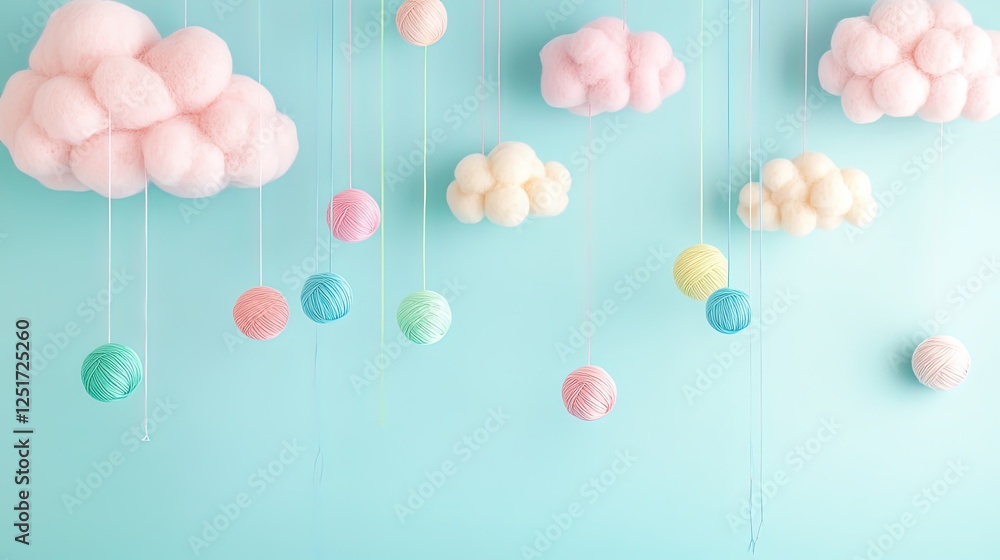 Soft Pastel Clouds and Colorful Yarn Balls Hanging Decor Soft Pastel Clouds and Colorful Yarn Balls Hanging Decor