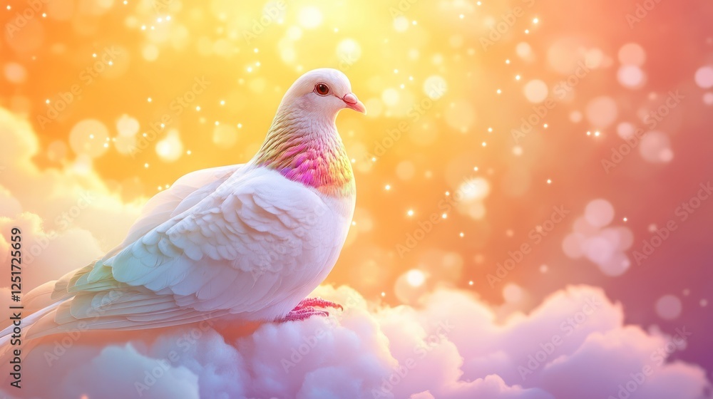 Peaceful iridescent dove perched on clouds, sunset bokeh, hope concept Peaceful iridescent dove perched on clouds, sunset bokeh, hope concept