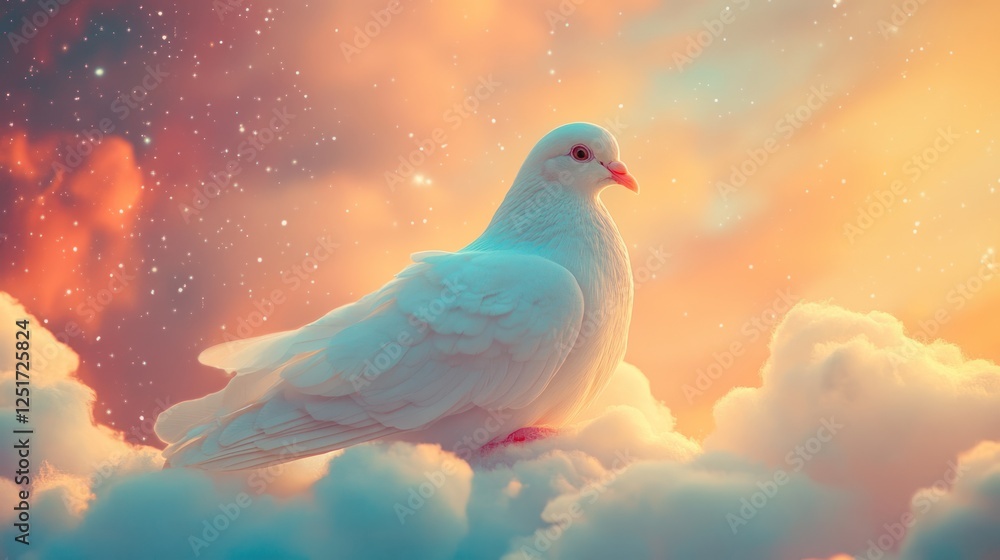 White dove perched on clouds, sunset sky, peace White dove perched on clouds, sunset sky, peace