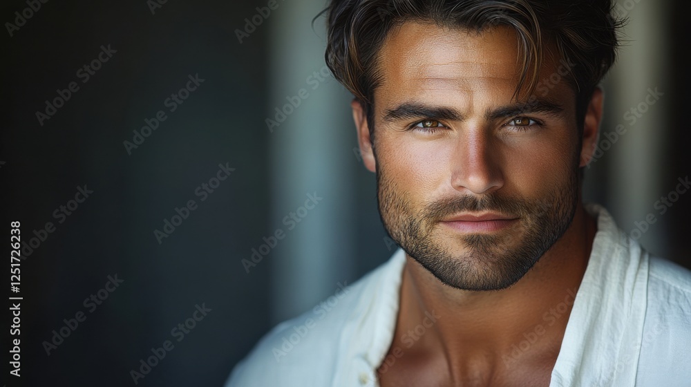 Portrait of a man with striking features and intense gaze in a softly lit room Portrait of a man with striking features and intense gaze in a softly lit room