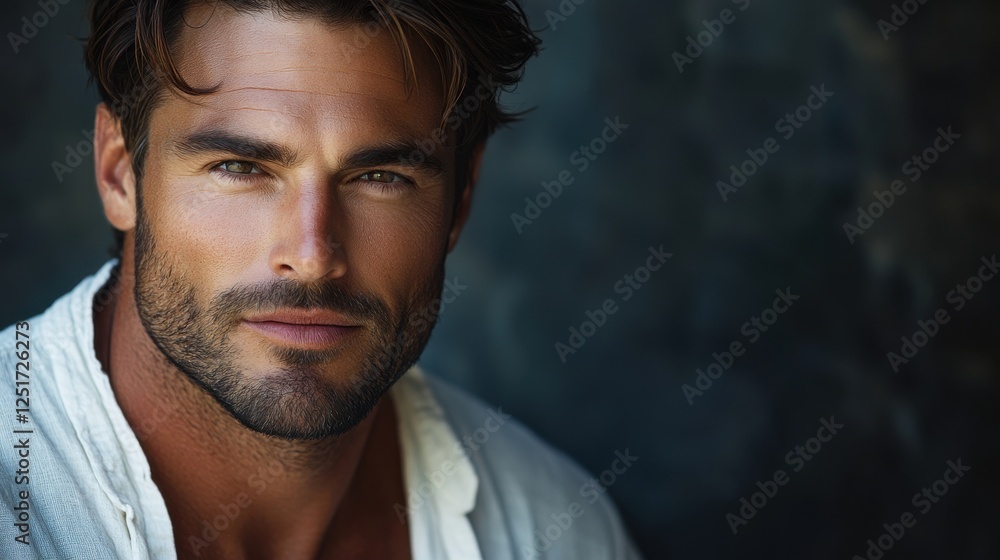 a sophisticated and handsome man in his mid-30s to late 30s, with a sharp jawline, neatly groomed dark brown hair with a slight wave, and a light stubble beard a sophisticated and handsome man in his mid-30s to late 30s, with a sharp jawline, neatly groomed dark brown hair with a slight wave, and a light stubble beard