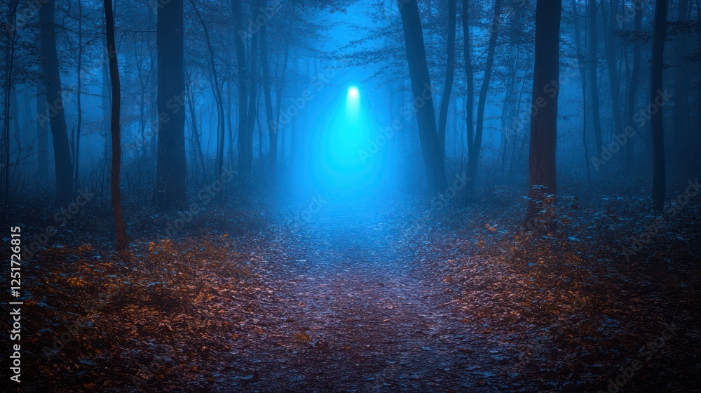 Blue light illuminates misty forest path at night