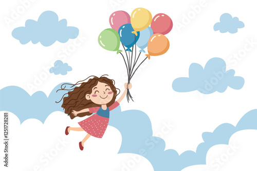 Happy Little Girls Characters Flying in the sky