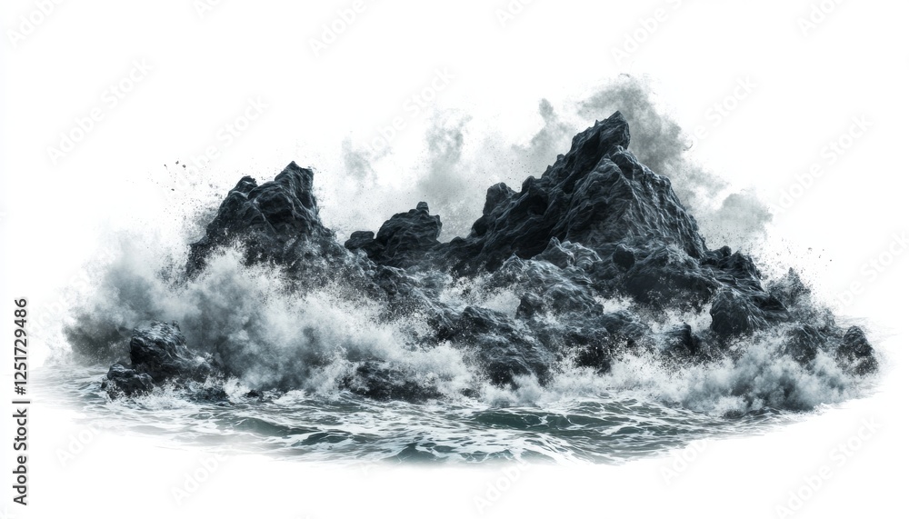 Obraz premium Turbulent ocean waves crash against dark rocky formations, creating dramatic scene. powerful energy of stormy sea is palpable